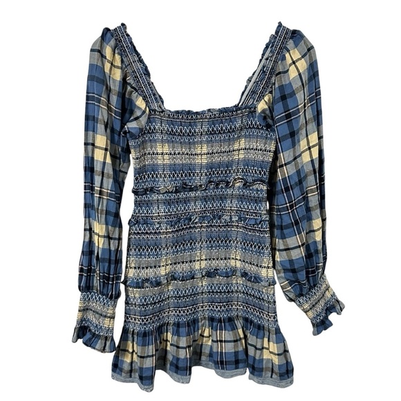 LoveShackFancy Womens Stanley Smocked Plaid Dress Sz P US 00 Blue Denim Skies - Picture 3 of 11